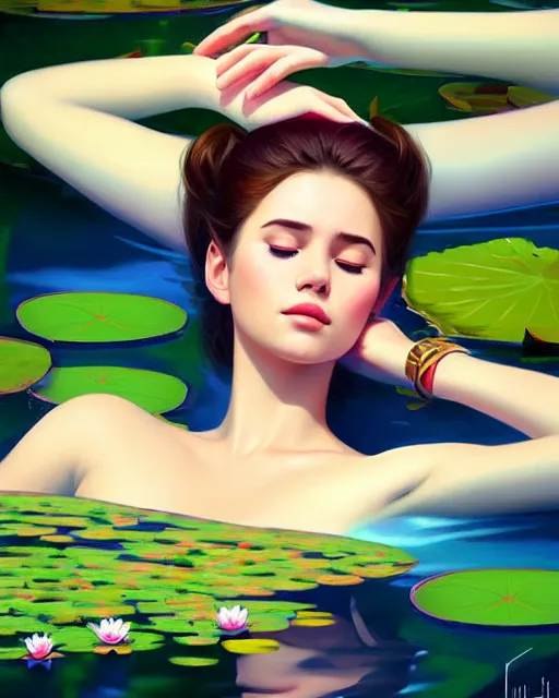 Prompt: stylized portrait of an artistic pose, composition, young lady sleeping in a pond, water lilies, flowers, one single head, realistic shaded, fine details, realistic shaded lighting poster by ilya kuvshinov, magali villeneuve, artgerm, jeremy lipkin and michael garmash and rob rey
