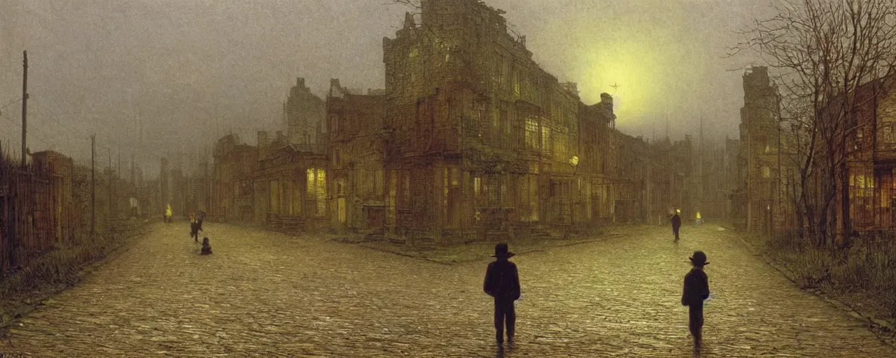Prompt: a boy lost in a ghost town, in the style of john atkinson grimshaw, landscape, romanticism, streetscape, symbolism, impressionism