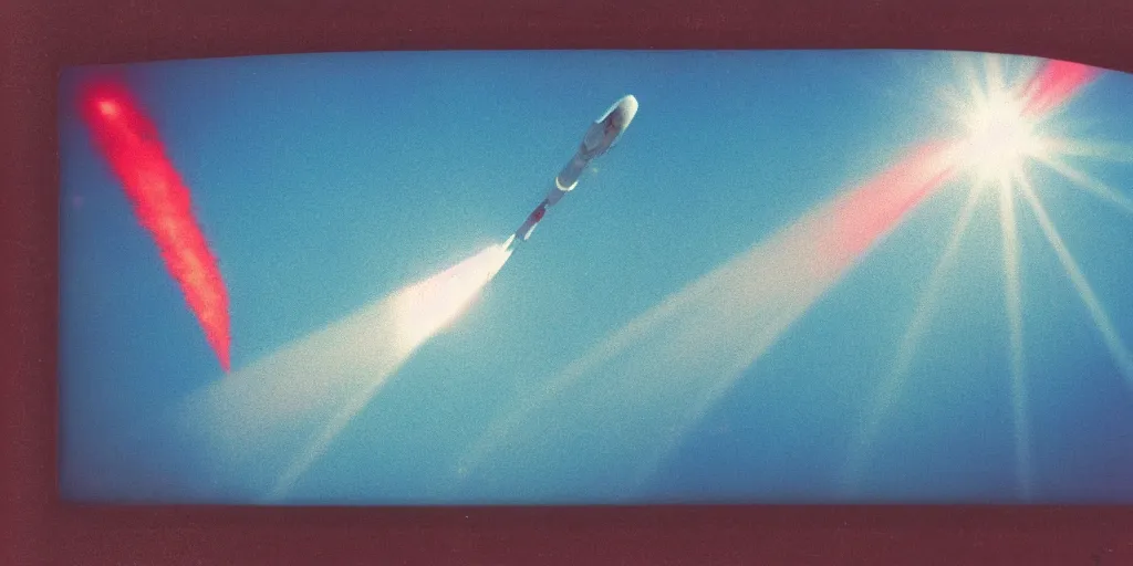 Prompt: analog polaroid photograph of a space missile launch in the ocean, seen from above, drone footage, bright sun reflection in the water, lensflare, film grain, azure tones, red color bleed