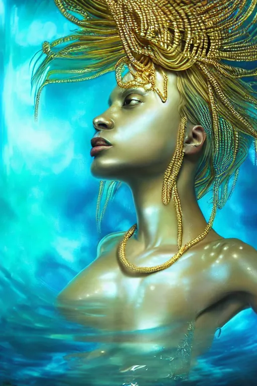 Image similar to hyperrealistic futurist whole body cinematic very expressive! translucent oshun goddess underwater scene, gold jewerly, highly detailed face, digital art masterpiece, smooth eric zener cam de leon, dramatic pearlescent turquoise light on one side, low angle uhd 8 k, shallow depth of field