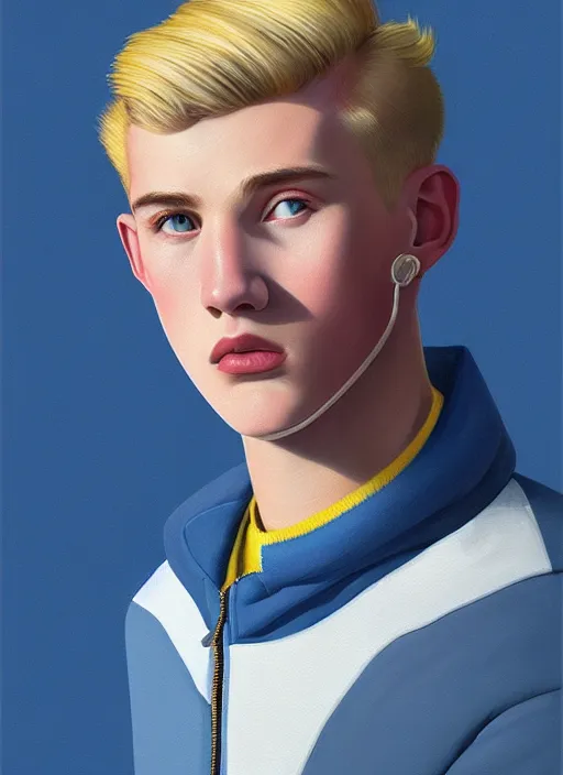 Image similar to portrait of a high school senior boy named moose mason, blonde short hair, jock, beefy, square jaw, square facial structure, 1 9 5 0 s, blue varsity jacket, intricate, elegant, glowing lights, highly detailed, digital painting, artstation, concept art, smooth, sharp focus, illustration, art by wlop, mars ravelo and greg rutkowski