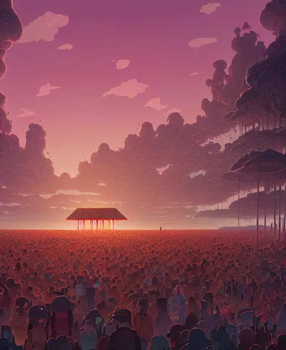 Image similar to minimalist building made from exotic fungus, crowds of people, by dan mumford, yusuke murata, makoto shinkai, ross tran, cosmic, hellish, god rays, cinematic, unreal engine, cel shaded, featured on artstation, pixiv