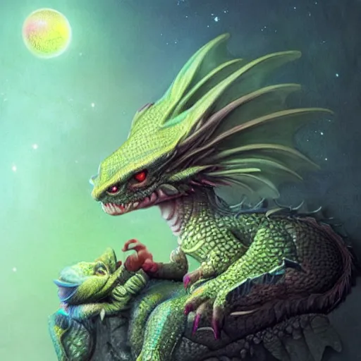 Image similar to a hyperrealistic illustration of a cute and tiny dragon that glows in the dark, dragon baby, glow in the dark, fractal moonlight, little dragon with glowing scales, award - winning, masterpiece, in the style of tom bagshaw, cedric peyravernay, peter mohrbacher