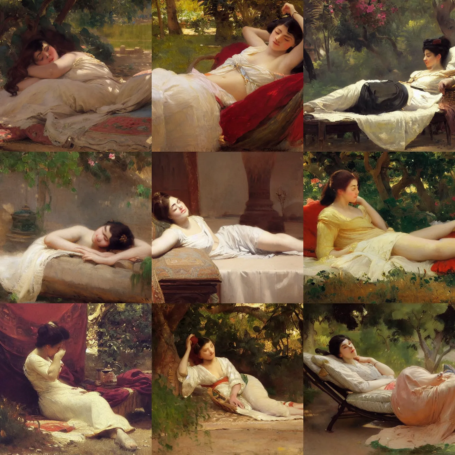 Prompt: orientalism painting of a young woman napping in the shade by theodore ralli and nasreddine dinet and anders zorn and nikolay makovsky and edwin longsden long, oil on canvas, masterful intricate artwork, excellent lighting, high detail 8 k