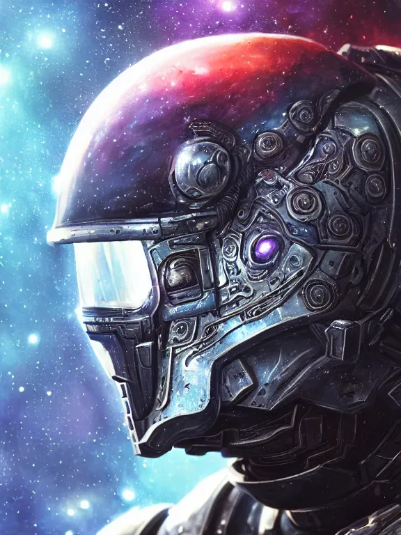 Image similar to portrait art of 8k ultra realistic space marine, side profile, galaxy reflection ion in helmet, deep space , detailed intricate ornate armour,eldritch horror,blade runner, cybernetic, full of colour, cinematic lighting, trending on artstation, 4k, hyperrealistic, focused, extreme details,unreal engine 5, cinematic, masterpiece, art by ayami kojima, giger