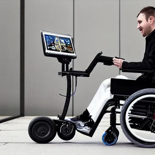 Image similar to a cyberpunk electric wheelchair with a tablet holder