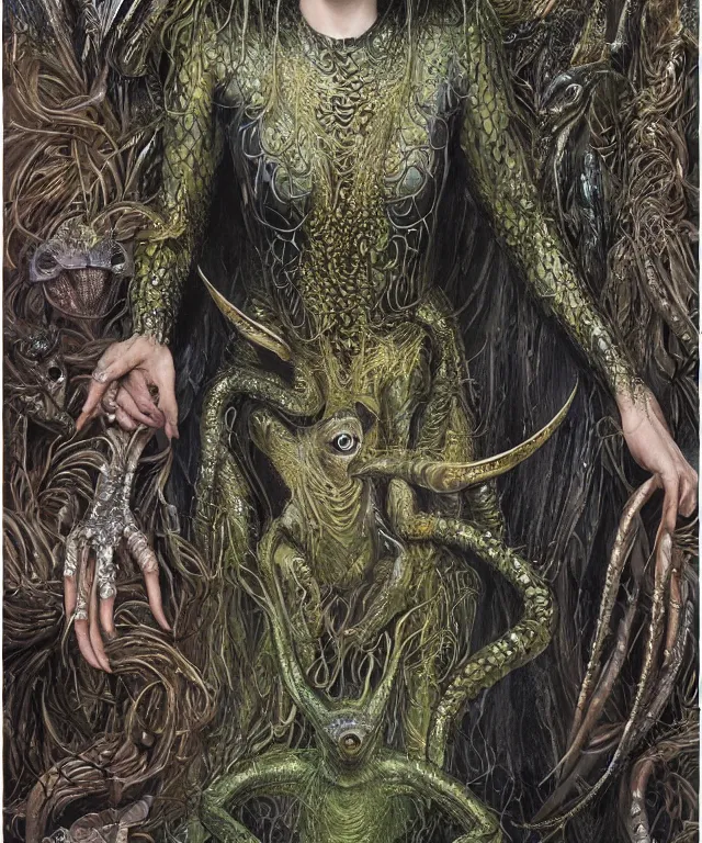 Prompt: a portrait photograph of sadie sink as a strong alien harpy queen with amphibian skin. she is dressed in a black lace shiny metal slimy organic membrane catsuit and transforming into a snake bird. by donato giancola, walton ford, ernst haeckel, peter mohrbacher, hr giger. 8 k, cgsociety, fashion editorial