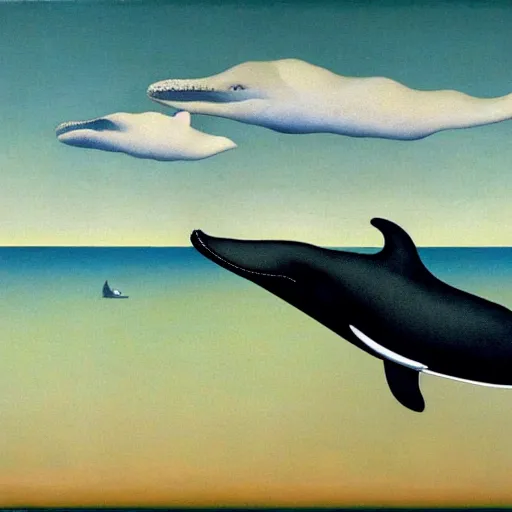 Image similar to whale flying over a boat by René Magritte, detailed, 4k