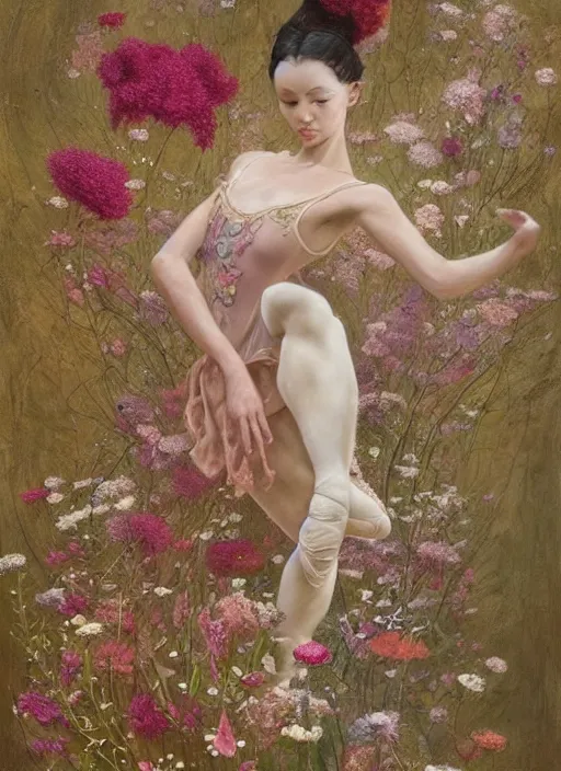 Prompt: a painting of a ballerina surrounded by flowers, a surrealist painting by yoann lossel, trending on cgsociety, pop surrealism, made of flowers, cosmic horror, lovecraftian, directed gaze