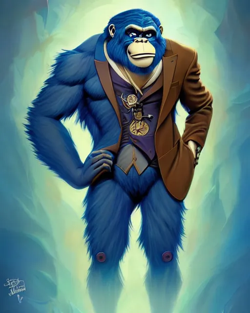 Image similar to don bluth, loish, artgerm, joshua middleton, steampunk, clockpunk anthropomorphic gorilla, full blue suit, smiling, symmetrical eyes symmetrical face, colorful animation forest background