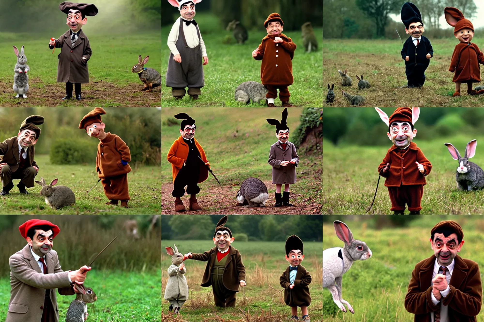 Prompt: mr bean as elmer fudd, hunting rabbits