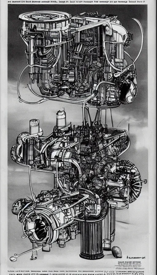 Image similar to technical drawings of 1 9 4 0's nuclear powered spaceship engine