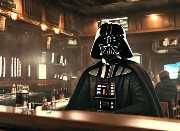 Image similar to film still of Darth Vader goes to a bar in the new Star Wars movie, 4k