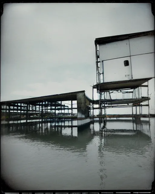 Prompt: Abandoned futuristic 70s structures floating in the water, two point perspective, photograph, polaroid, dilapidated look, Grainy, expired film