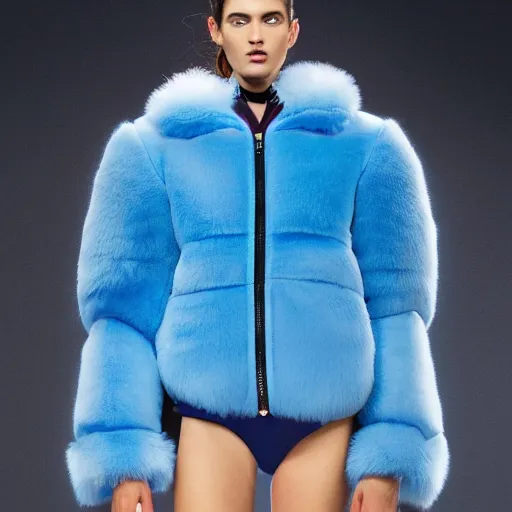 Image similar to an award - winning editorial photo of a nike jacket made of very fluffy blue faux fur : : with a reflective iridescent oversized collar, dramatic lighting, realistic, designed by alexander mcqueen