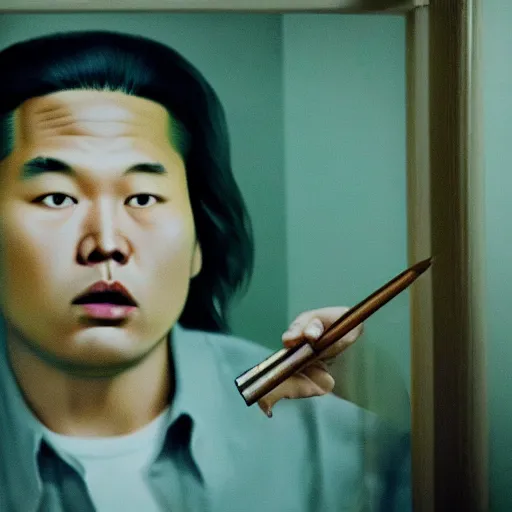 Image similar to hyperralism pineapple express movie still photography of hyperrealism detailed north korean kim chen with detailed face smoking weed in basement bedroom