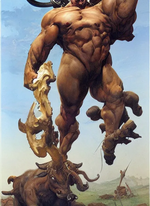 Image similar to full body portrait of a huge, miserable minotaur, by boris vallejo and jesper ejsing and simon bisley and reg manchess and norman rockwell