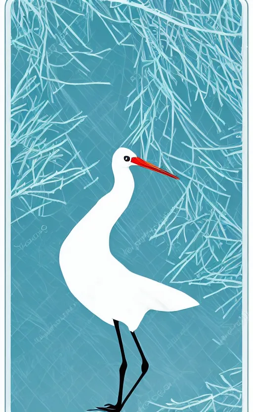 Image similar to , white crane bird, poker card style, simple, modern look, solid colors, pines symbol in the corners, vivid contrasts, for junior, logo design