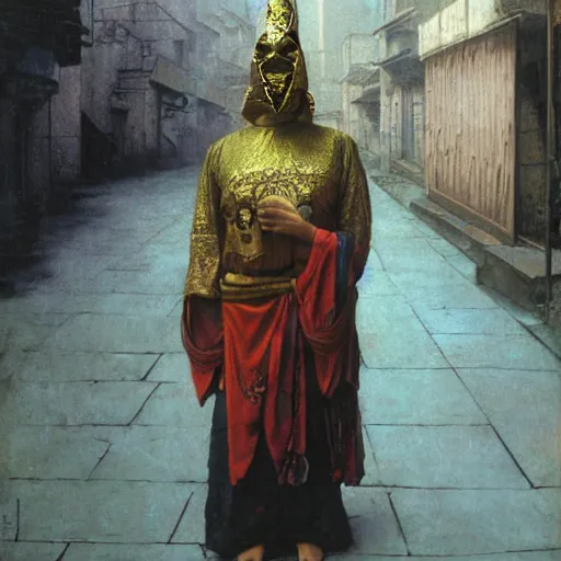 Image similar to portrait of masked Byzantine Tang Dynasty dancer on the art deco streets of the Undying Empire city of ya-Sattra during the Festival of Masks, award-winning realistic sci-fi concept art by Beksinski, Bruegel, Greg Rutkowski, Alphonse Mucha, and Yoshitaka Amano