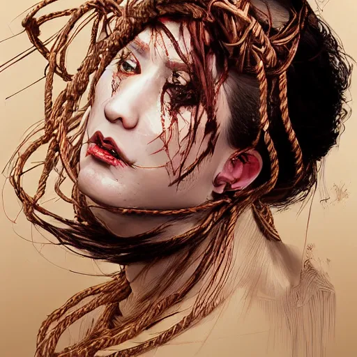 Image similar to portrait of a Shibari rope wrapped face and neck, headshot, insanely nice professional hair style, dramatic hair color, digital painting, of a old 15th century, old cyborg merchant, amber jewels, baroque, ornate clothing, scifi, realistic, hyperdetailed, chiaroscuro, concept art, art by Franz Hals and Jon Foster and Ayami Kojima and Amano and Karol Bak,