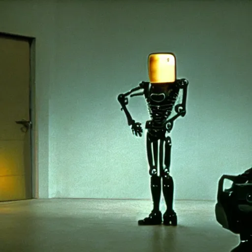 Image similar to movie scene of a man with a robot head, movie still, cinematic composition, cinematic light, criterion collection, reimagined by industrial light and magic, Movie by David Lynch and Ridley Scott and Andrzej Zulawski