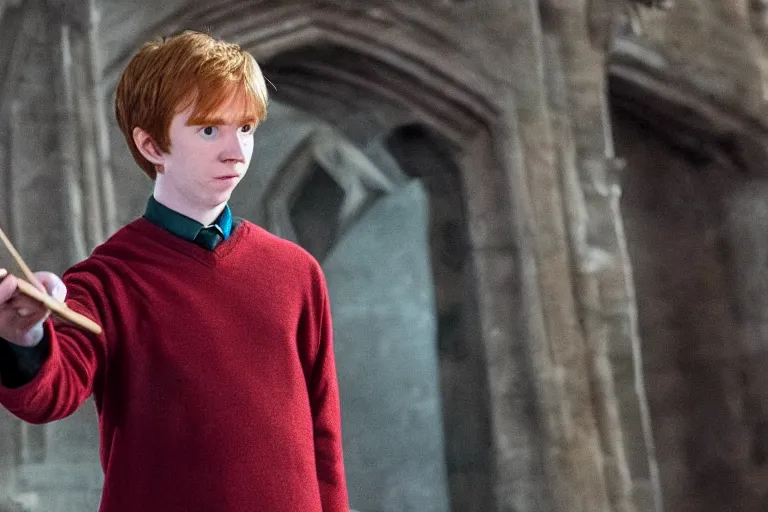 Image similar to film still Freddy Highmore as Ron Weasley wearing hogwarts uniform in Harry Potter movie