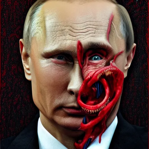 Image similar to vladimir putin became bloody ugly lovecraftian degenerate abomination, photo - realistic, color image, 2 k, highly detailed, bodyhorror, occult art