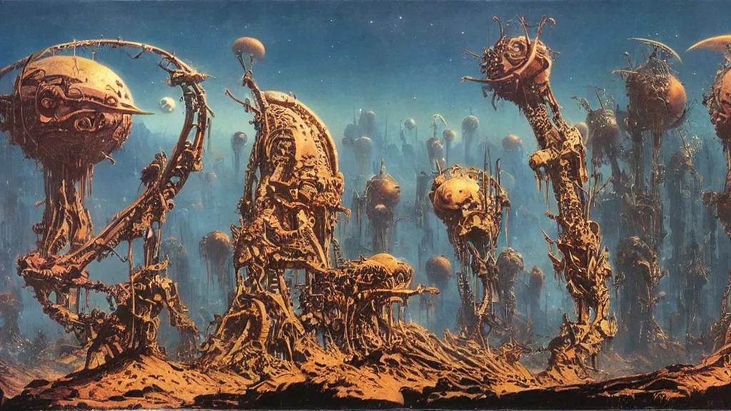 Image similar to surreal eerie alien planet empire with strange biomechanical plants by frank frazetta and bruce pennington, cinematic matte painting