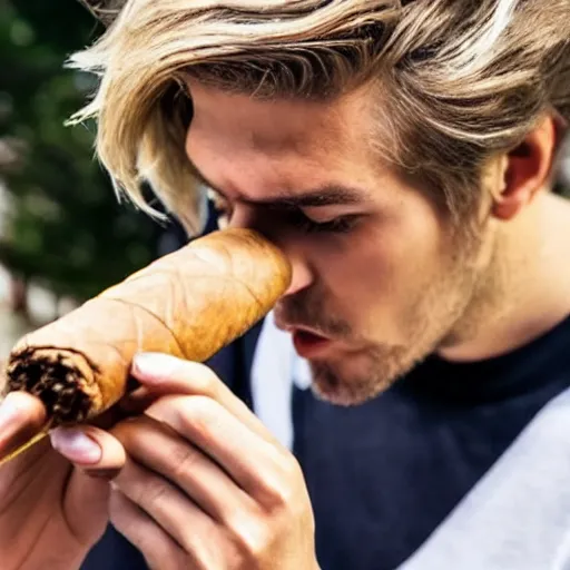 Image similar to a closeup photo of handsome gigachad xqc elrubius smoking a cigar