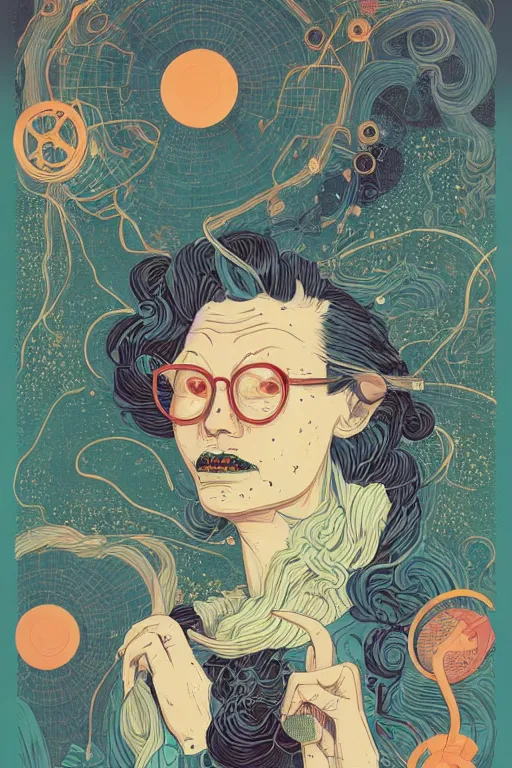 Image similar to portrait of mad lady scientist, stylized illustration by victo ngai, james jean, colorful comics style,