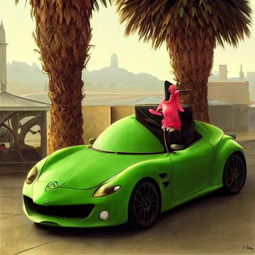 Image similar to kermit inside a car, wlop, mercedes, moroccan city, mosque, palm trees, redneck country, style in digital painting, concept art, smooth illustration, by ruan jia and mandy jurgens and william - adolphe bouguereau, artgerm