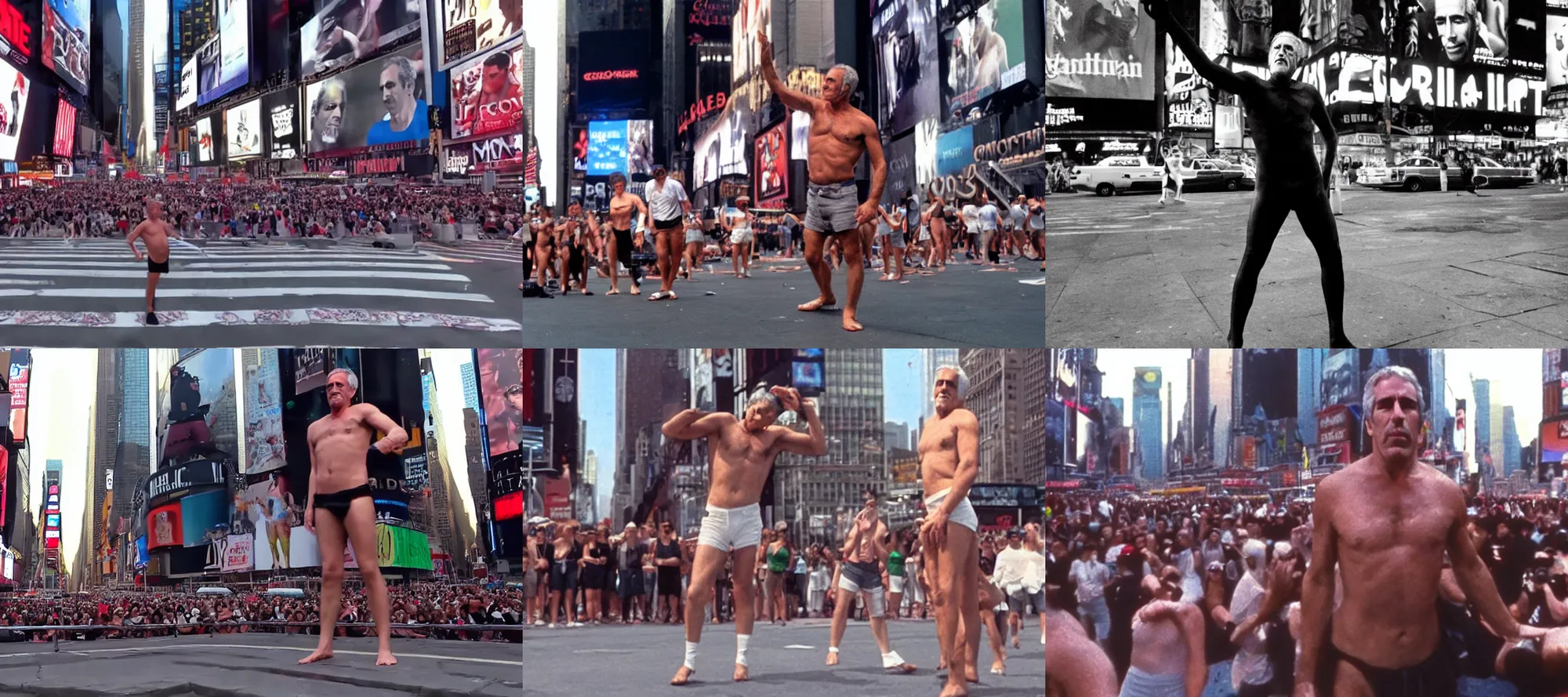 Prompt: Jeffrey Epstein shirtless mime act in time square new york, cinémascope, epic ultrawide shot