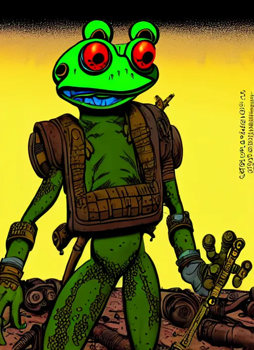 Image similar to an anthropomorphic frog dressed as a wasteland raider, in a post-apocalyptic wasteland, illustration in the style of Don Bluth, ralph bakshi, Peter Laird, Jamie Hewlett