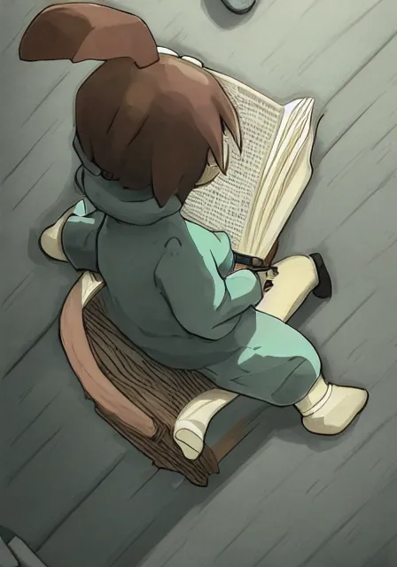 Prompt: beautiful little boy wearing sheep suit reading a book while sitting on chair, gray, blue, green and brown pallet color. made in abyss art style, inspired in kris from deltarrune, cute detailed artwork, anatomically correct, soft details, ilya kuvshinov, reflection, perfect composition, mobile wallpaper