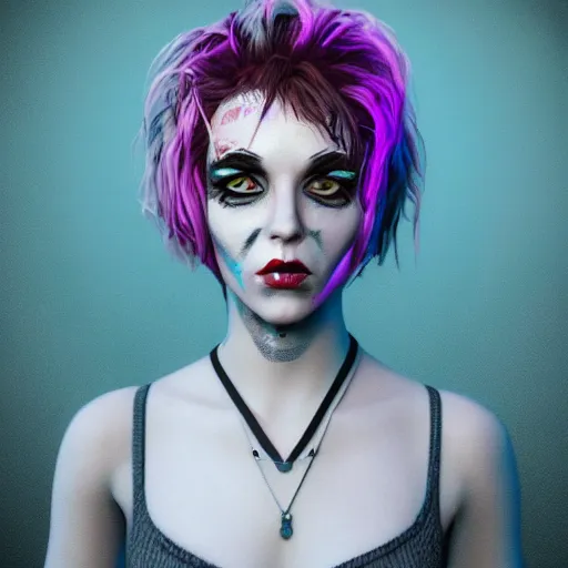 Prompt: punk women portrait made out of paint, short hair, octane render, highly detailed, realistic, tim burton and bob ross comic book art, matte painting, holographic, trending on artstation, cinematic, splashes of neon