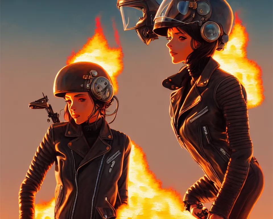 Image similar to a ultradetailed beautiful panting of post apocalyptic woman with motorbike in leather jacket with helmet in front of burning desert, anatomically correct, by ilya kuvshinov, greg rutkowski and makoto shinkai, trending on artstation