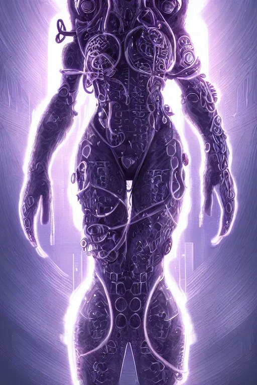 Prompt: A perfectly-centered ultradetailed realistic RPG cosplay airbrushed digital art portrait-illustration of a beautiful symmetrical lovecraftian Medusa wearing a cyberpunk suit and reflective neon-noir armor with modesty, standing next to bioluminiscent otherworldly sci-fi towers, epic poster art, 3D rim light, octane render, artstationHQ.
