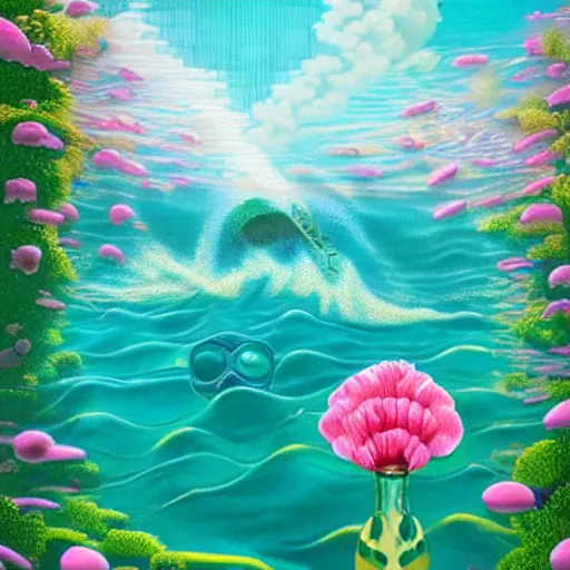 Image similar to surreal ocean, sea, water, pool, checkerboard pattern, award winning masterpiece with incredible details, a surreal vaporwave vaporwave vaporwave vaporwave vaporwave painting by Thomas Cole of an old pink mannequin head with light beaming out of its eyes, flowers growing out of its head, sinking underwater, ocean waves, highly detailed, shocking