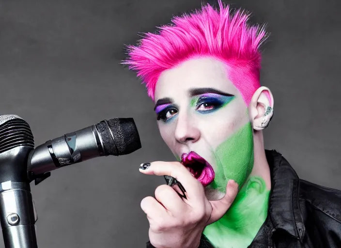 Image similar to a punk boy with pink hair and green lipstick singing karaoke with a pigeon on his shoulder