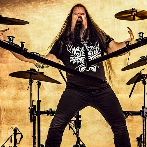 Image similar to Tomas Haake with 6 arms, playing heavy metal drums