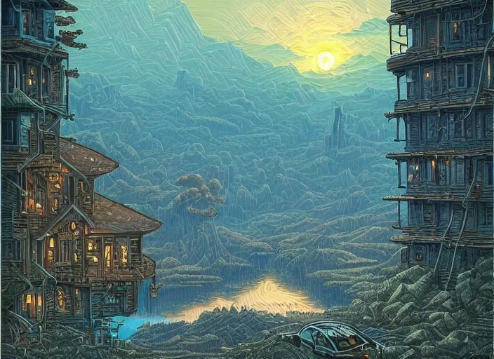 Image similar to A building in a stunning landscape by Dan Mumford, aesthetic, cosmic horror, solarpunk