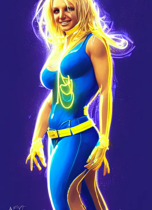 Prompt: britney spears in blue and yellow cat costume, intricate, elegant, glowing lights, highly detailed, digital painting, artstation, glamor pose, concept art, smooth, sharp focus, illustration, art by artgerm and greg rutkowski, artey freytag