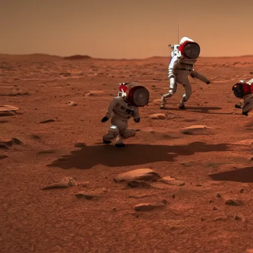 Image similar to 👩🚀 astronauts playing tug of war on mars. photorealistic unreal engine highly detailed.