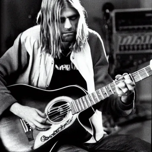 Image similar to photo of kurt cobain playing acoustic guitar, album cover