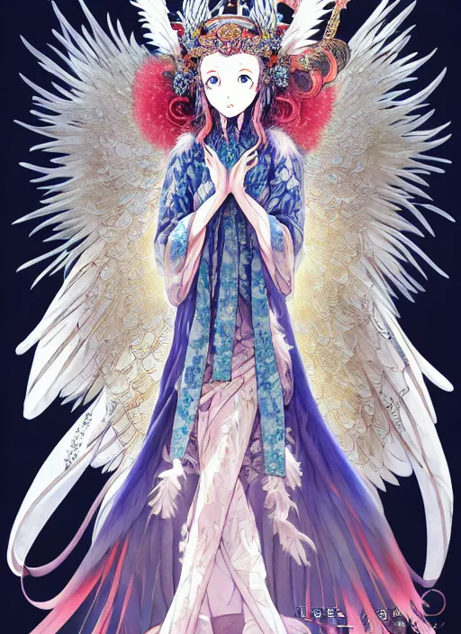 Prompt: goddess of the owls in feathered robe, humanoid, forest ritual, throne, concept art, masakazu katsura, Kyoto animation,last exile, blue submarine no. 6,loish, murata range, kawaii, yoshitaka amano, studio lighting, manga, bright colors, beautiful, 28mm lens, vibrant high contrast, gradation, jean giraud, fantasy, rule of thirds, fibonacci, intricate, detailed, flat, matte print, sharp, Aoi Ogata