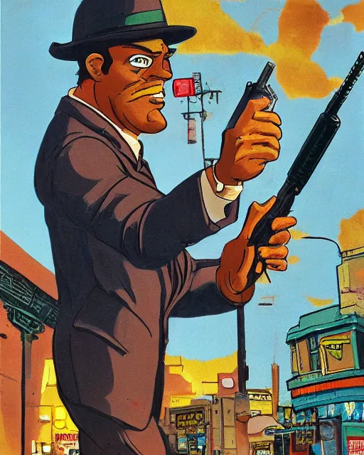 Image similar to detective pointing gun at camera, city street, artwork by ralph bakshi