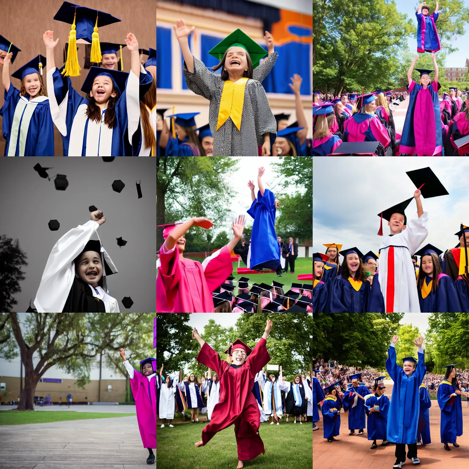 Prompt: An 11-year-old child graduates university, wearing a gown, throwing their cap into the air, photography