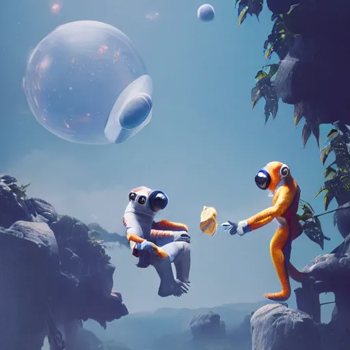 Image similar to astronaut monkeys laughting throwing bananas on each other, realistic, dramatic light, artwork by Tooth Wu and wlop and beeple, octane render, trending on artstation, greg rutkowski very coherent symmetrical artwork, cinematic, hyper realism, high detail, octane render, 8k