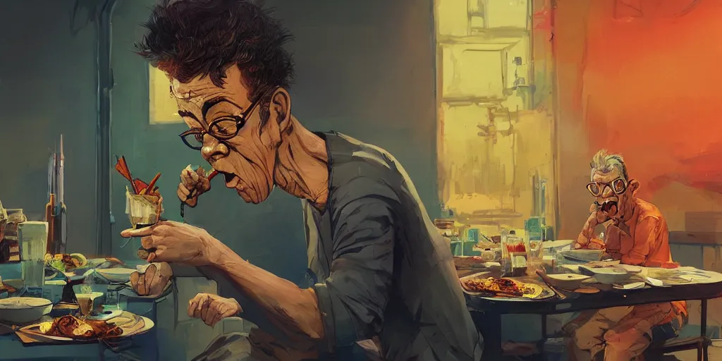 Image similar to cartoonish lou reed eating dinner, vivid colors, character sheet, fine details, concept design, contrast, kim jung gi, greg rutkowski, trending on artstation, 8 k, full body, turnaround, front view, back view, ultra wide angle