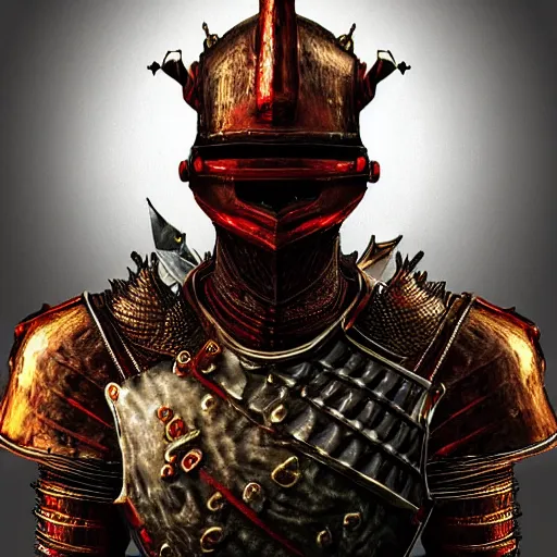 Image similar to portrait the great knight dark souls in golden red armor made of polished dragon bones looks relaxed, victorian era